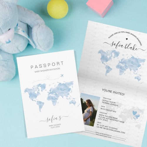 Modern Dusty Blue Passport World Map Baby Shower Invitation