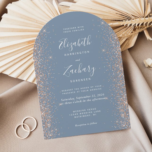 Modern Dusty Blue Peach Glitter Arch Wedding Invitation (Creator Uploaded)