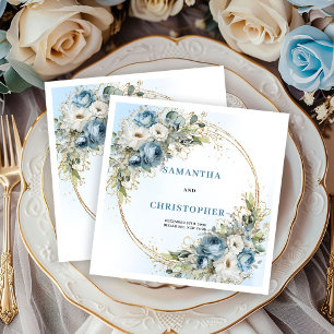 Modern Dusty Blue Peonies Wedding Napkins Gold