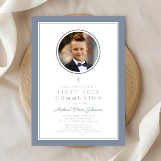 Modern Dusty Blue Photo Boy First Communion