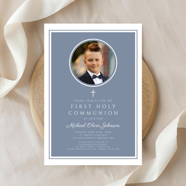 Modern Dusty Blue Photo Boy First Communion Invitation (Modern Dusty Blue Photo Boy First Communion Invitation)