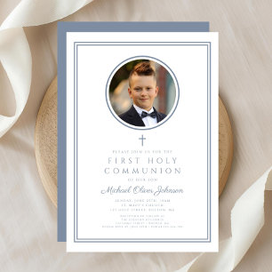 Modern Dusty Blue Photo Boy First Holy Communion Invitation