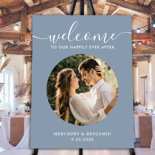 Modern Dusty Blue Photo Chic Wedding Welcome Sign (Creator Uploaded)