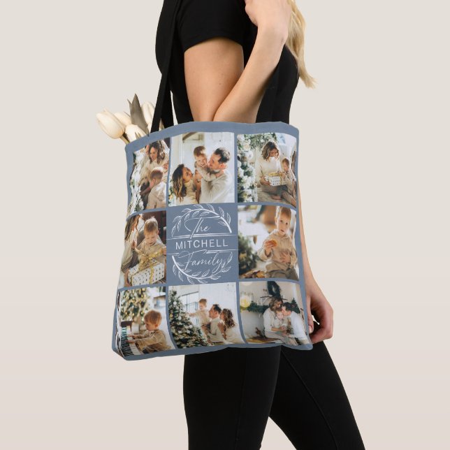 Modern Dusty Blue Photo Collage Personalized Tote Bag (Close Up)