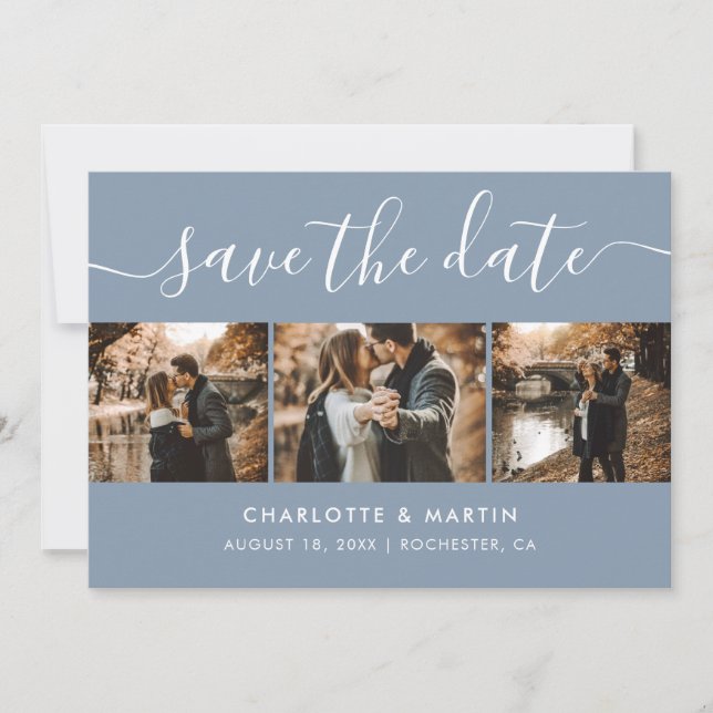 Modern Dusty Blue Photo Collage Save The Date (Front)