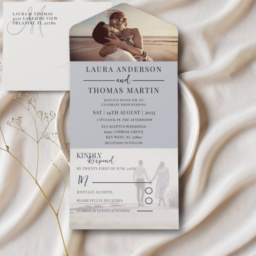 Modern Dusty Blue Photo Collage Wedding All In One Invitation