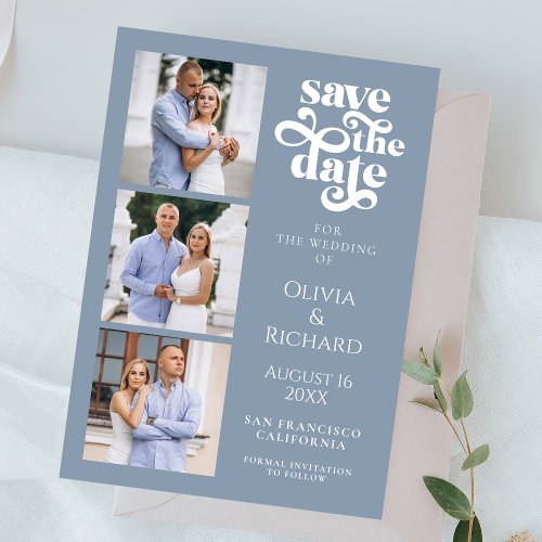 Modern Dusty Blue Photo Collage Wedding Save The Date