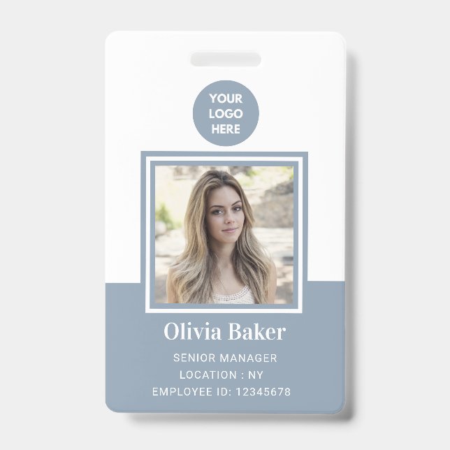 Modern Dusty Blue Photo ID Business Logo Employee  Badge (Front)
