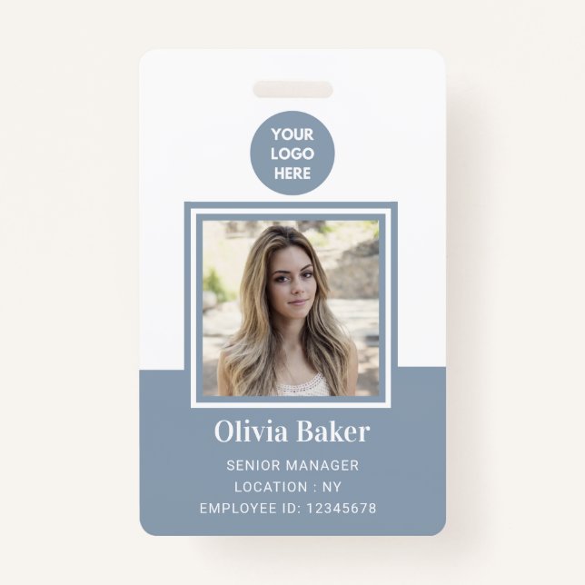 Modern Dusty Blue Photo ID Business Logo Employee  Badge (Front)