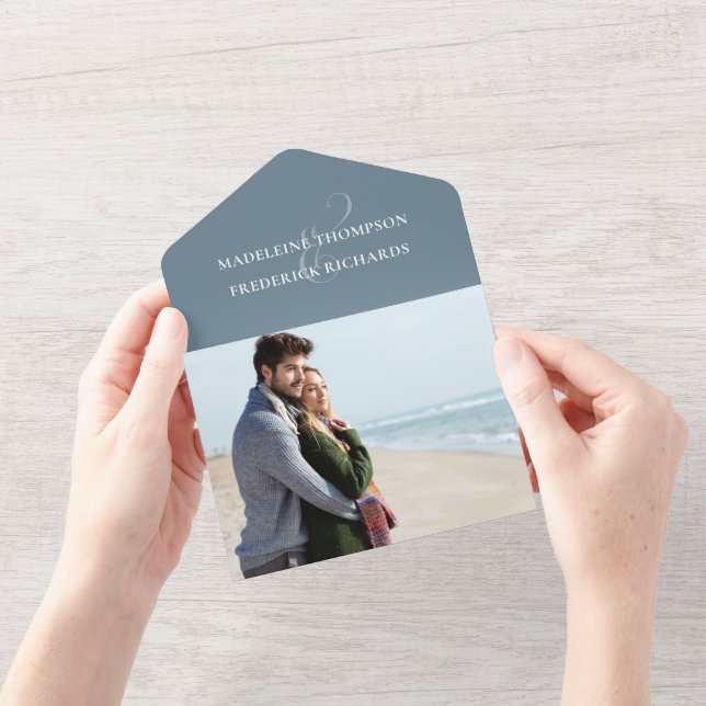 Modern Dusty Blue Photo Minimalist QR Code RSVP All In One Invitation (Opening)