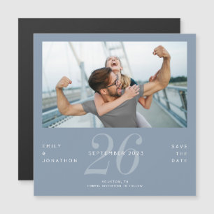 Modern Dusty Blue Photo Number Save The Date Magnetic Invitation
