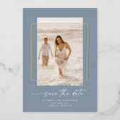 Modern Dusty Blue Photo Save The Date Gold Foil Invitation (Front)