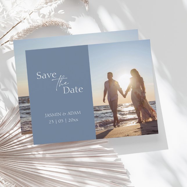 Modern Dusty Blue Photo Save the Date Postcard (Creator Uploaded)