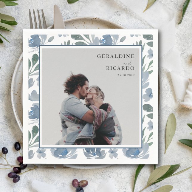 Modern Dusty Blue & Photo Wedding Napkins (Creator Uploaded)
