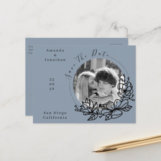 Modern Dusty Blue Photo Wedding Save the Date  Postcard (Front/Back In Situ)