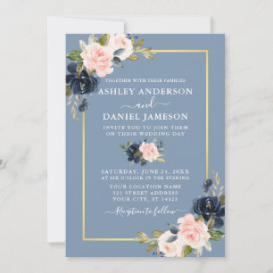 Modern Dusty Blue Pink Blush Floral Gold Wedding Invitation