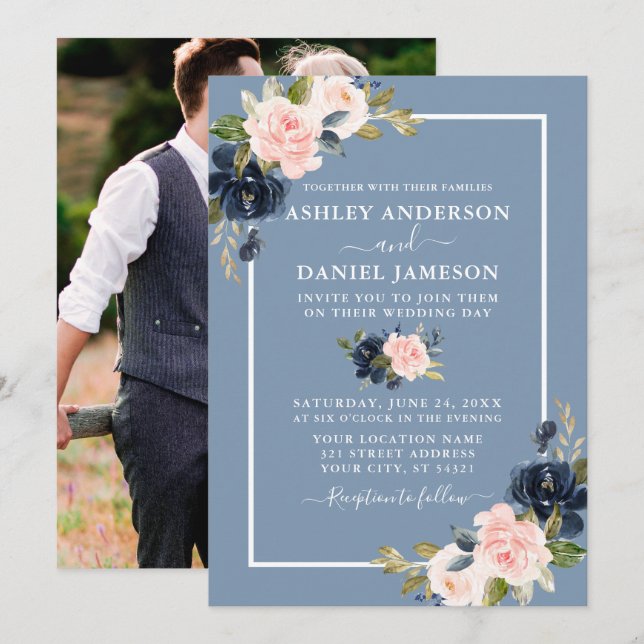 Modern Dusty Blue Pink Blush Floral Photo Wedding Invitation (Front/Back)