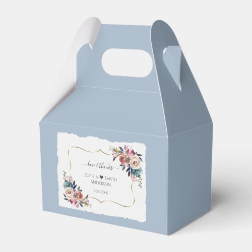 Modern Dusty Blue Pink Flowers Gold Wedding  Favor Boxes