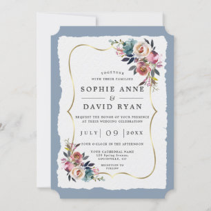 Modern Dusty Blue Pink Flowers Gold Wedding  Invitation