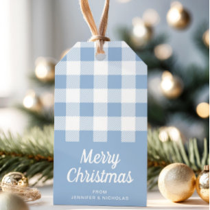Modern Dusty Blue Plaid Merry Christmas Gift Tags
