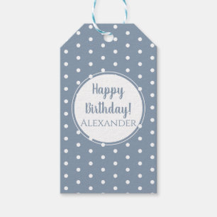 Modern Dusty Blue Polka Dots Name Happy Birthday Gift Tags