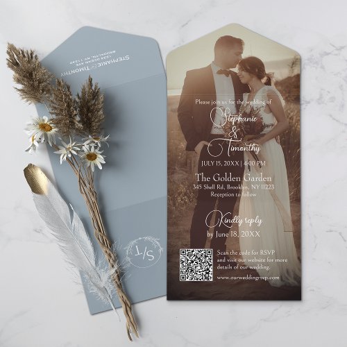 Modern Dusty Blue QR Code Photo Wedding All In One Invitation