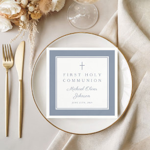 Modern Dusty Blue Religious Boy First Communion Napkins