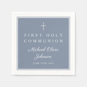 Modern Dusty Blue Religious Boy First Communion Napkins