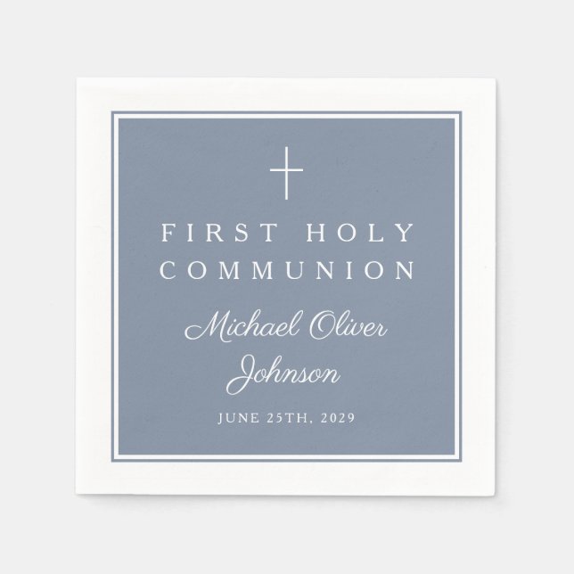 Modern Dusty Blue Religious Boy First Communion Napkins (Front)
