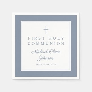 Modern Dusty Blue Religious Boy First Communion