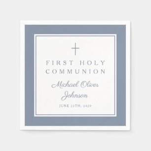 Modern Dusty Blue Religious Boy First Communion Napkins