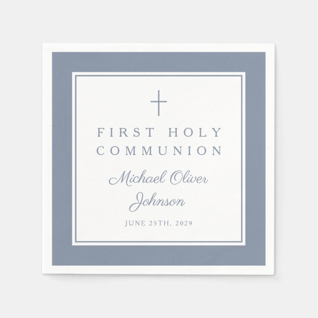 Modern Dusty Blue Religious Boy First Communion Napkins (Front)