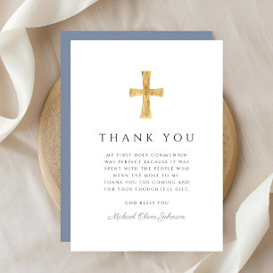 Modern Dusty Blue Religious Boy First Communion Thank You Card