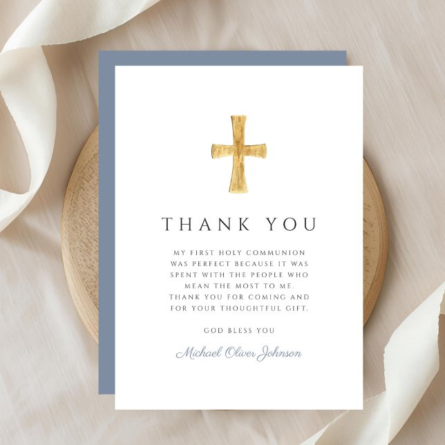 Modern Dusty Blue Religious Boy First Communion Thank You Card (Modern Dusty Blue Religious Boy First Communion Thank You Card)