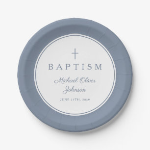 Modern Dusty Blue Religious Cross Baptism Paper Plates