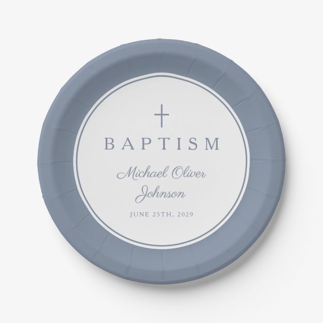 Modern Dusty Blue Religious Cross Baptism Paper Plates (Front)