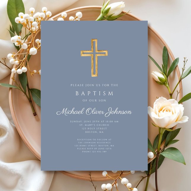 Modern Dusty Blue Religious Cross Boy Baptism Invitation (Modern Dusty Blue Religious Cross Boy Baptism Invitation)