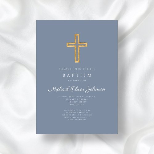 Modern Dusty Blue Religious Cross Boy Baptism Invitation