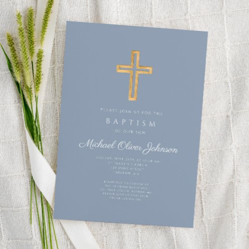 Modern Dusty Blue Religious Cross Boy Baptism Invitation