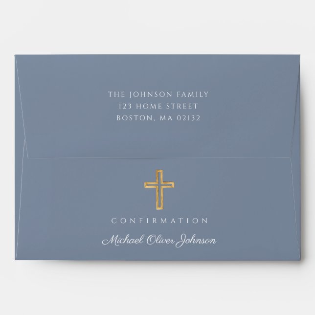 Modern Dusty Blue Religious Cross Boy Confirmation Envelope (Back (Top Flap))