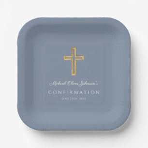 Modern Dusty Blue Religious Cross Boy Confirmation Paper Plates