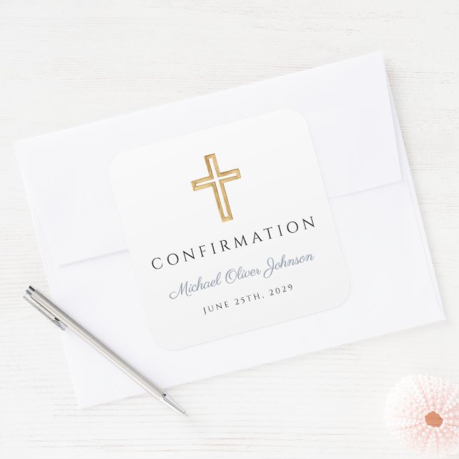 Modern Dusty Blue Religious Cross Boy Confirmation Square Sticker (Envelope)