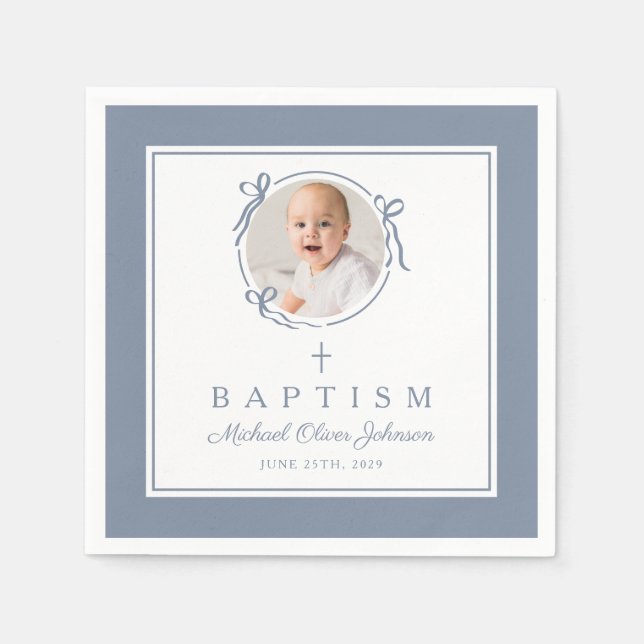 Modern Dusty Blue Religius Cross Boy Baptism Napkins (Front)