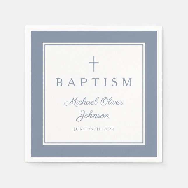 Modern Dusty Blue Religius Cross Boy Baptism Napkins (Front)
