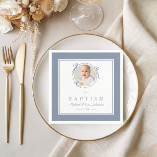 Modern Dusty Blue Religius Cross Boy Baptism Napkins