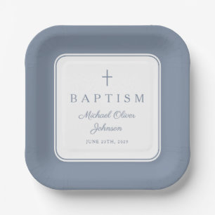 Modern Dusty Blue Religius Cross Boy Baptism Paper Plates