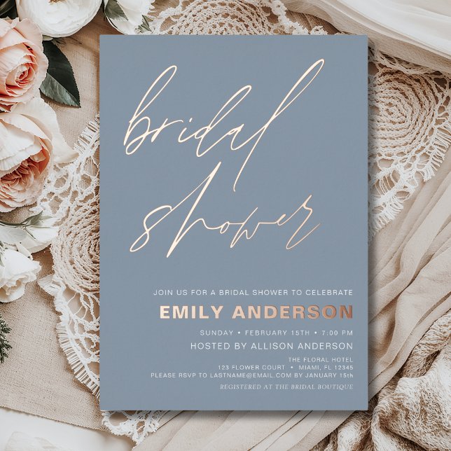 Modern Dusty Blue Rose Gold Bridal Shower Chic Foil Invitation (Creator Uploaded)