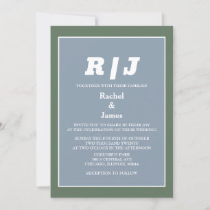 Modern Dusty Blue Sage Green White Minimal Wedding Invitation