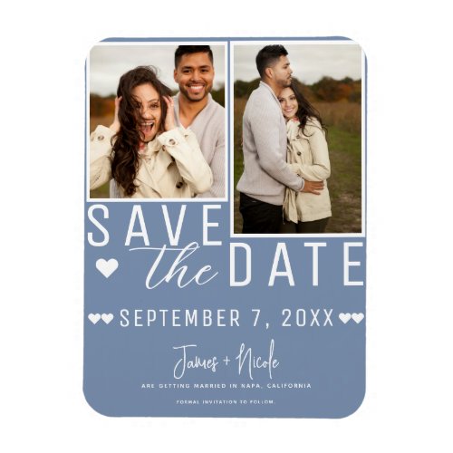 Modern Dusty Blue Save the Date  2 Photo Wedding Magnet