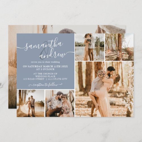 Modern dusty blue script 6 photos wedding invitation